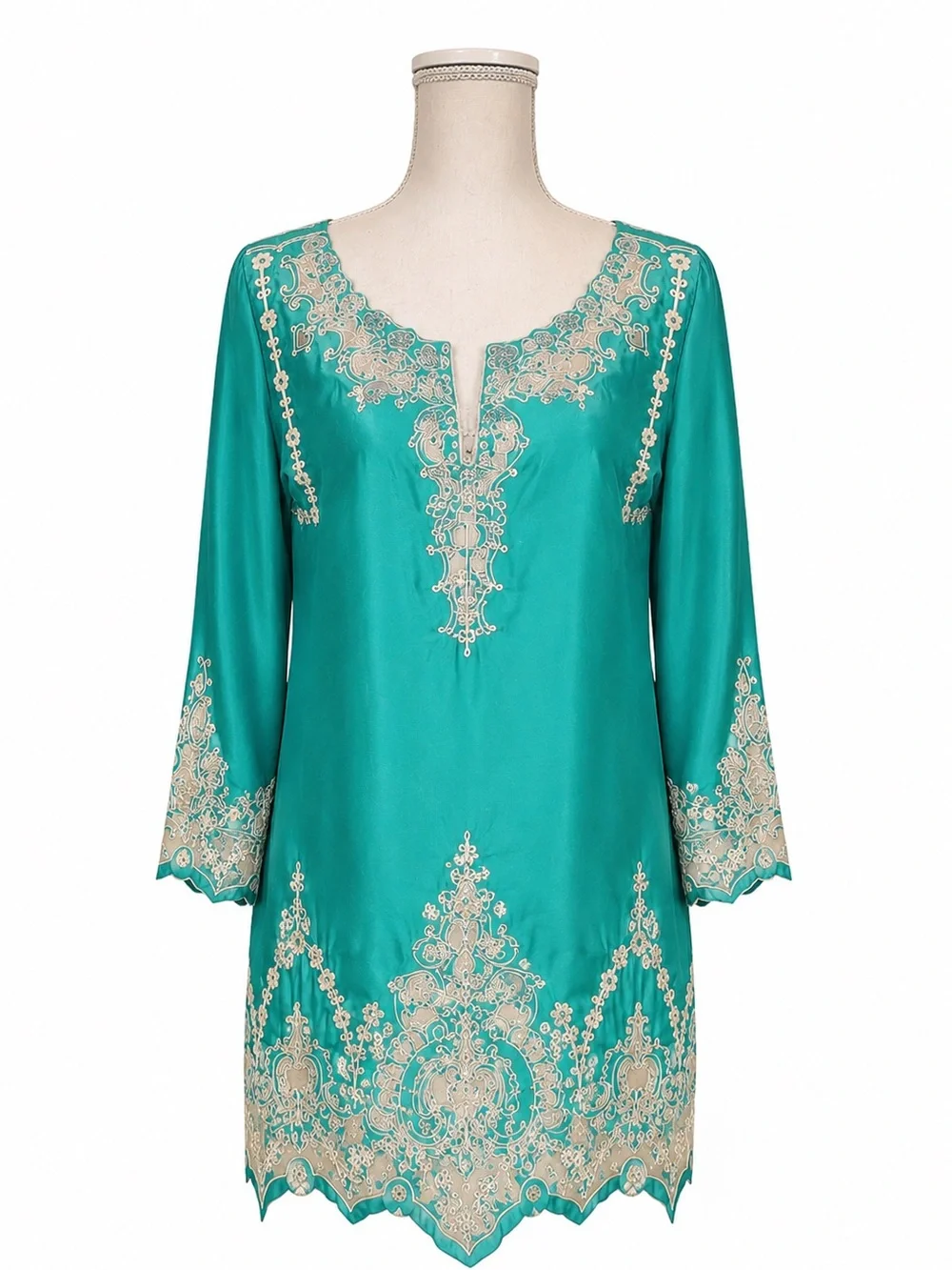 Sea Green 100% Silk Tunic Beige Embroidered Boho Resort Top Medium